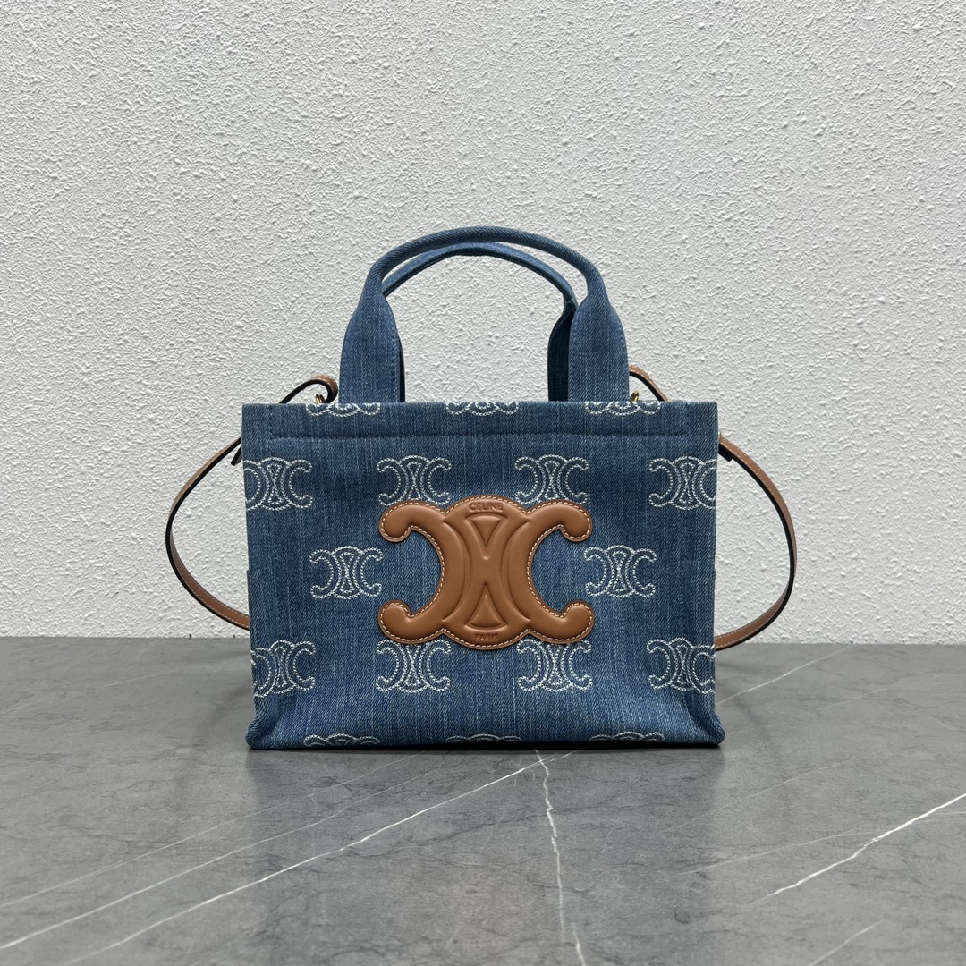 Celine Small Cabas Thais In Denim With Triomphe All-Over Embroidery And Calfskin Navy/Tan 199162